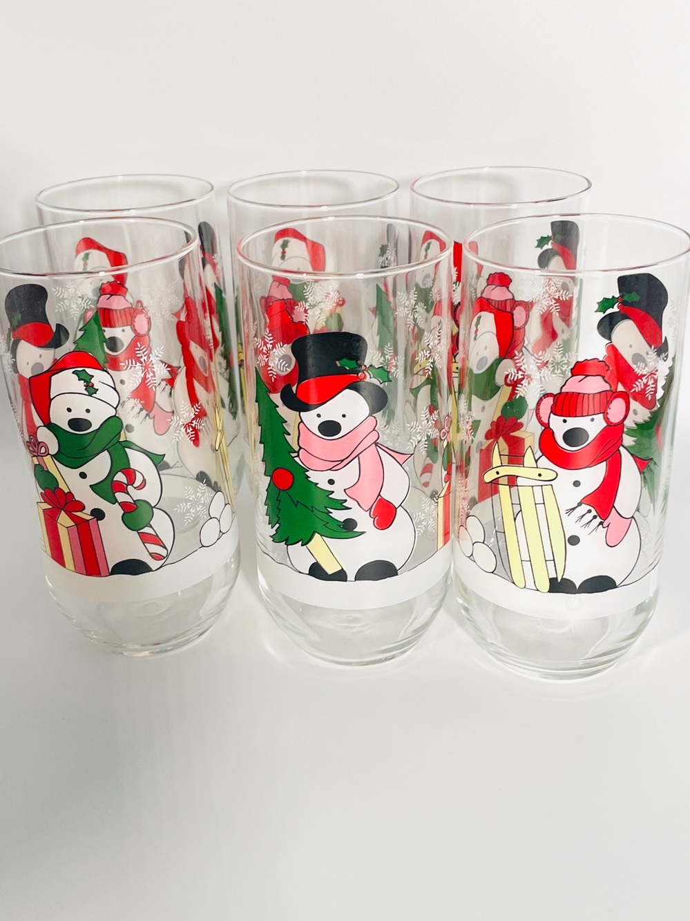 Vintage Luminarc Christmas Snowman 16 oz Drinking glasses. Set of 6.
